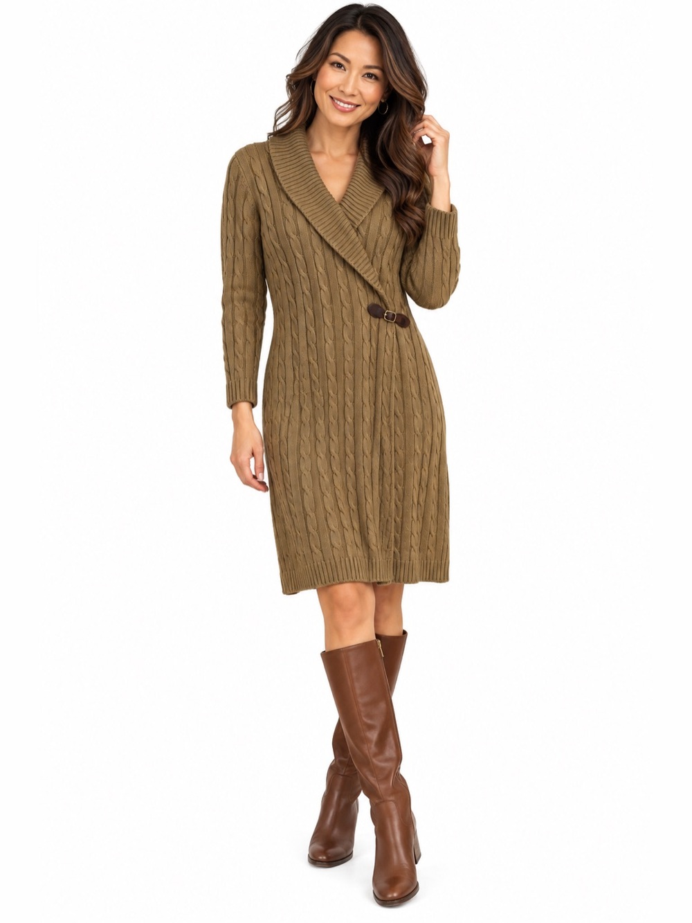 Cable-Knit Shawl Collar Sweater Dress in Olive